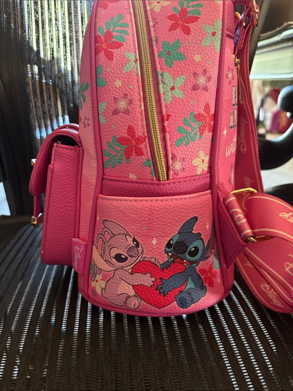 Disney Pink Stitch Floral Mini Backpack with Gold Accents